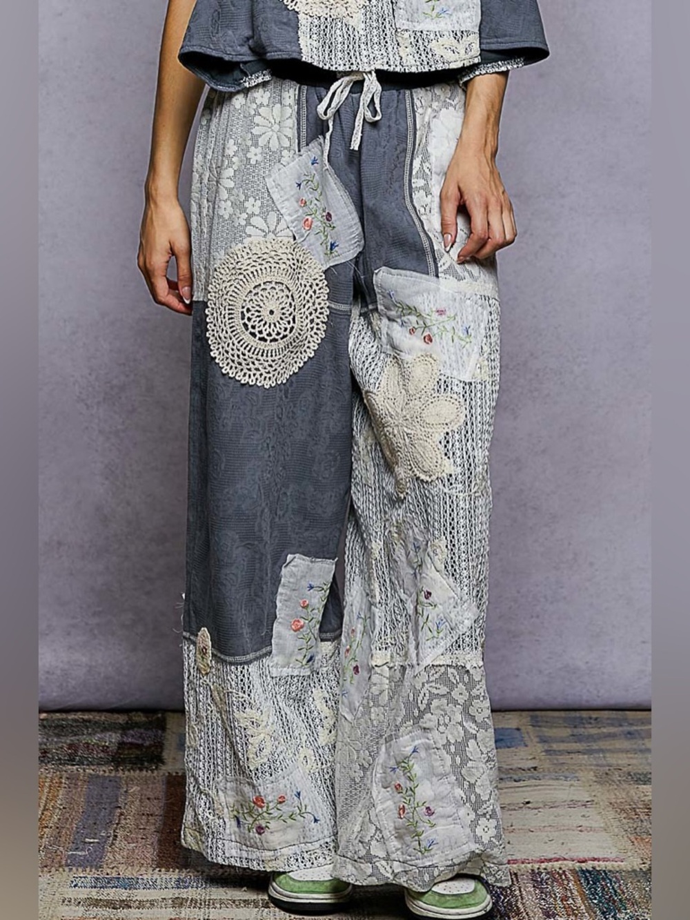 POL Blue Patchwork Cropped Jumpsuit Set with Lace Appliqué - Picture 9 of 11